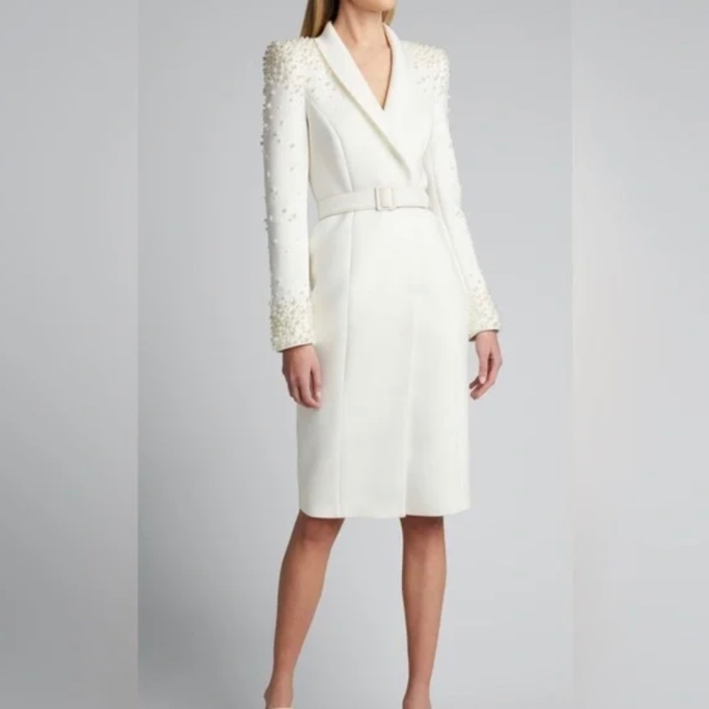 Badgley Mischka Collection Embellished Long-Sleeve Scuba Coat Dress